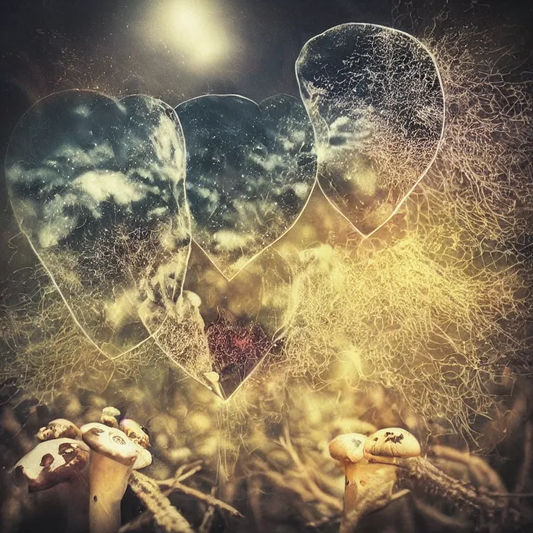 Image similar to double exposure of love, symbols of live, explosion, love is the most relevant theme, love is infinity, love is begin of all, 8 k resolution, artistic mode, artistic, trending on instagram, long exposure, love art, serious, fantasy and dreams vibes, mushrooms style and macro style, spawn, spruce vibes