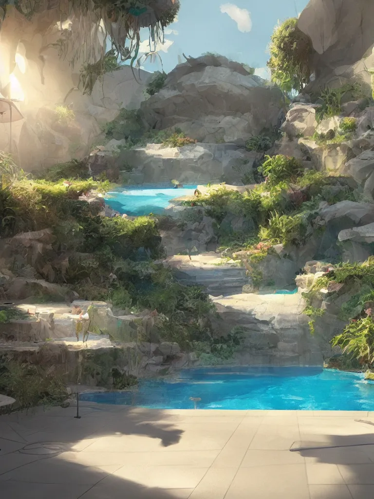 Image similar to swimming pool, by disney concept artists, blunt borders, rule of thirds, beautiful light