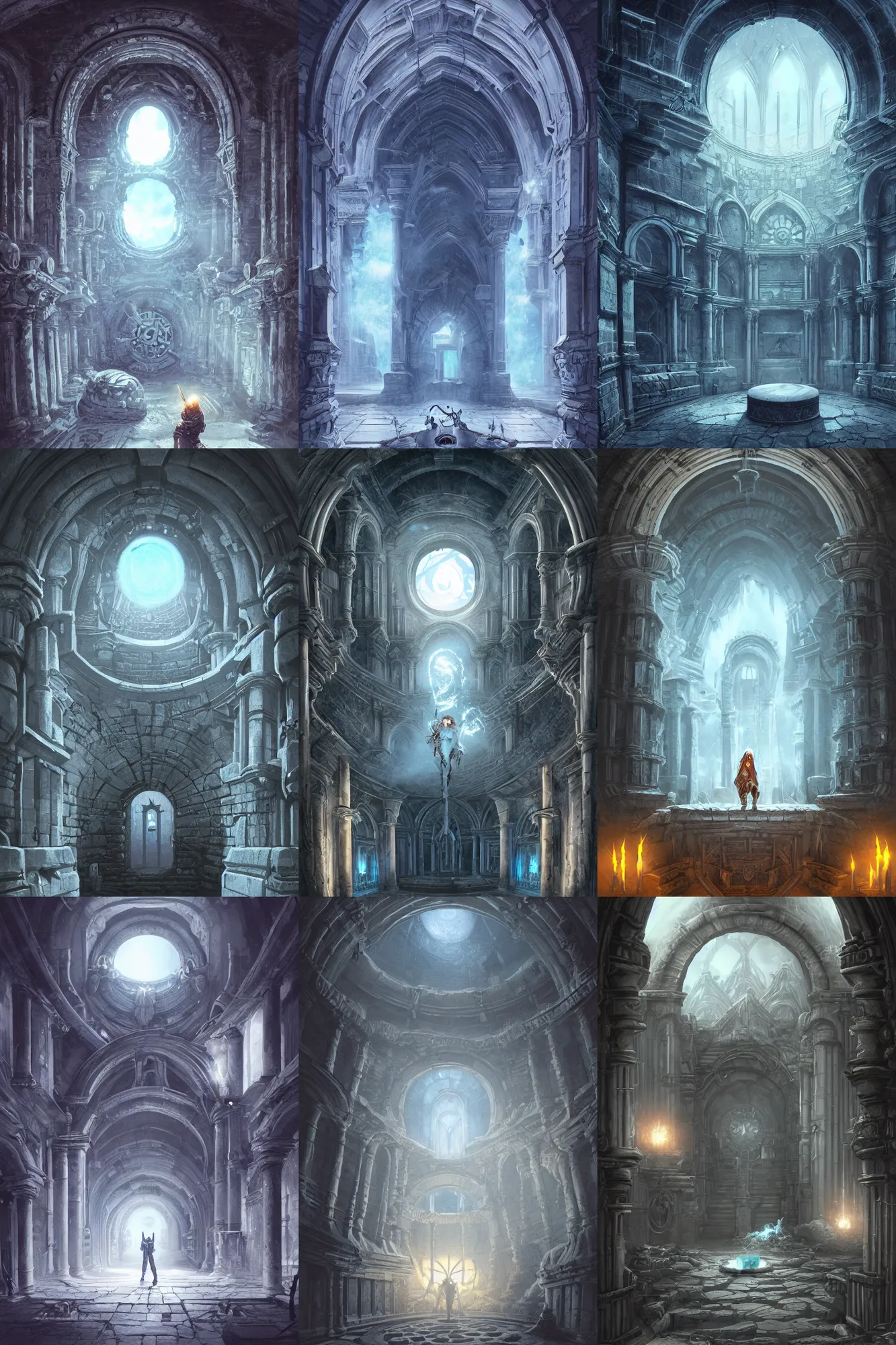 Prompt: cryptopunk, old gothic crypt, white marble walls, a round portal to another world in the center, white smoke, epic scenery, dramatic white and blue lighting, detailed illustration, digital art, overdetailed art, concept art, detailed illustration, hd, 4k, digital art, highly saturated colors, Greg Rutkowski, trending on artstation
