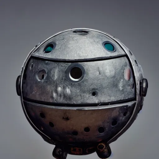 Prompt: a cute little round robot made out of steel and fur, studio photography, backlit, 8k, in the style of borderlands