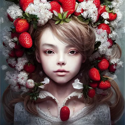 Image similar to the portrait of an absurdly beautiful, graceful, elegant, sophisticated, fashionable little girl made of strawberries and white petals looking down, an ultrafine hyperdetailed illustration by kim jung gi, irakli nadar, intricate linework, bright colors, octopath traveler, final fantasy, unreal engine 5 highly rendered, global illumination, radiant light, detailed and intricate environment