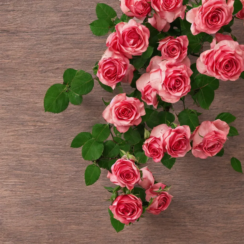 Prompt: top-down view of roses on top of a wooden table, 4k, photorealistic