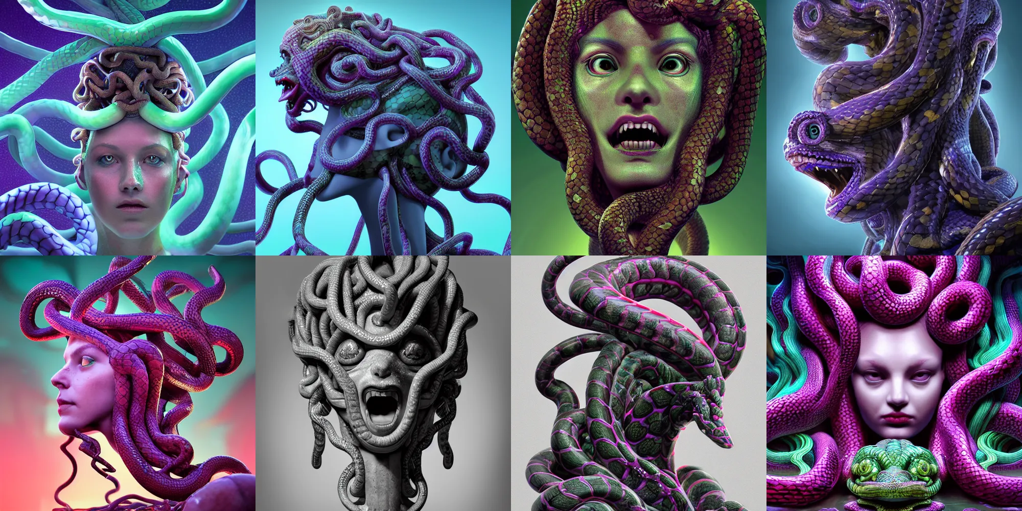 Prompt: beautiful medusa gorgon head highly detailed snakes, cosmic horror, abstract, ghostly, arcade, duotone, poltergeist, epic lighting, intricate, elegant, highly detailed, smooth, sharp focus, photo real, ultra realistic, unreal engine 5, raytracing, in the style of beeple and mike winkelmann, ultraviolet colors,