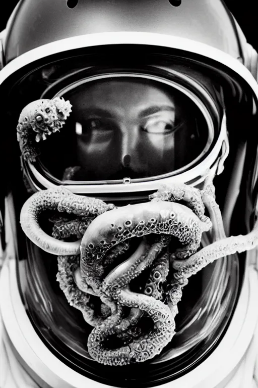 Image similar to extremely detailed studio portrait of space astronaut, alien tentacle protruding from eyes and mouth, slimy tentacle breaking through helmet visor, shattered visor, full body, soft light, plain studio background, disturbing, shocking realization, award winning photo by peter lindbergh