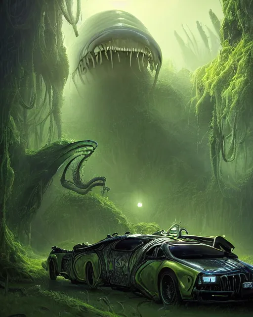 Image similar to xenomorph taxi car in a fantasy village, calming, uplifting mood, ultra realistic, farm, small buildings, alien car, highly detailed, atmosphere, masterpiece, epic lighting, elves, green plants, magic, illuminated, 4 k, cinematic, morning sun, art by eddie mendoza, sylvain sarrailh