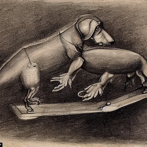 Image similar to leonardo da vinci sketch of a mechanical flying dachshund