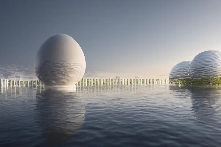 Image similar to a building formed by the intersection and fusion of many white spherical and egg - shaped spaces. on the calm lake, people's perspective modern curved architecture, future, wood, marble, metal award winning, highly detailed 4 k art, dusk, unreal engine highly rendered, global illumination, radial light, internal environment by kazuyo sejima