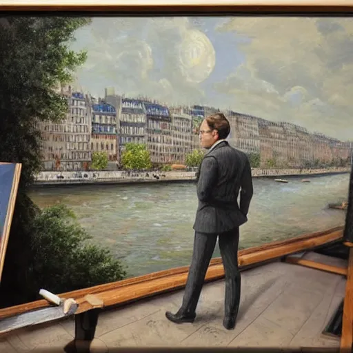 Image similar to mcgregor is dressed as a gentleman at early 2 0 th century paris. he is watching an easel. that easel has a canvas on it. ewan mcgregor has a brush on his hand. he is painting a painting. realistic painting with strong outlines. background has river seine, morning sun, dark clouds, by jack kirby