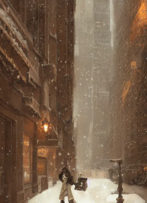 Image similar to back of emma stone in beige coat, walking into new york apartment building in winter, opening door, building entrance, snow, zoomed out, artwork by gaston bussiere, craig mullins, trending on artstation