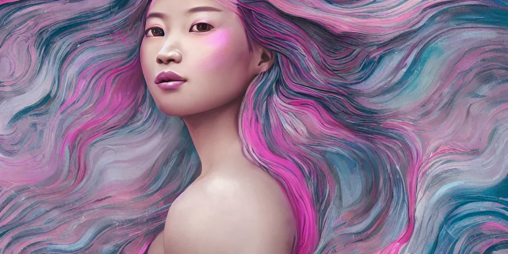 Prompt: a portrait of a very beautiful young asian goddess with pink and grey hair radiating an artwork made of swirling paint and impasto by wlop and botticelli, background is multicoloured volumetric displacement, hyperrealism, subsurface scattering, arnold render, noise to volume, 8 k, houdini, xparticles