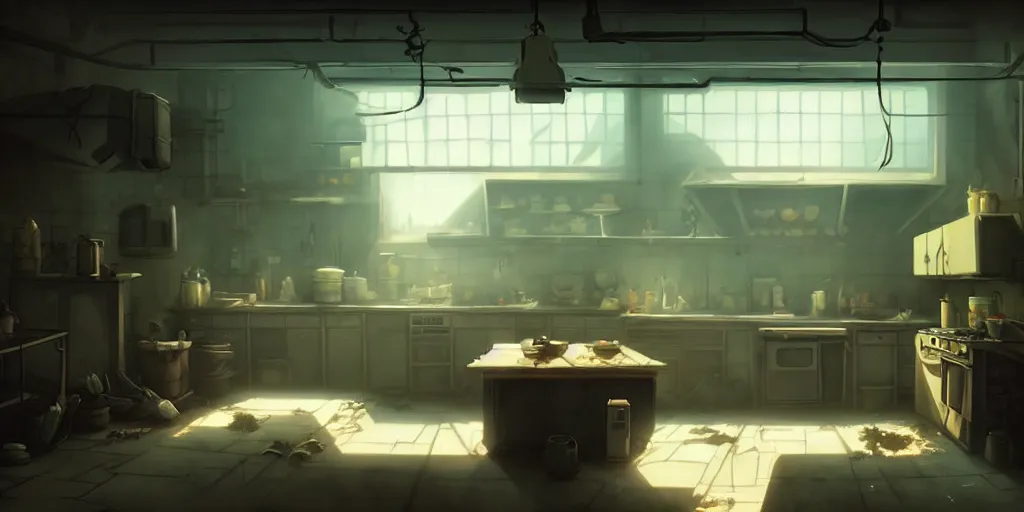 Prompt: post apocalyptic basement kitchen, by studio ghibli, animation, sharp, rendered in unreal engine 5, focused, anime key art by greg rutkowski, bloom, dramatic lighting