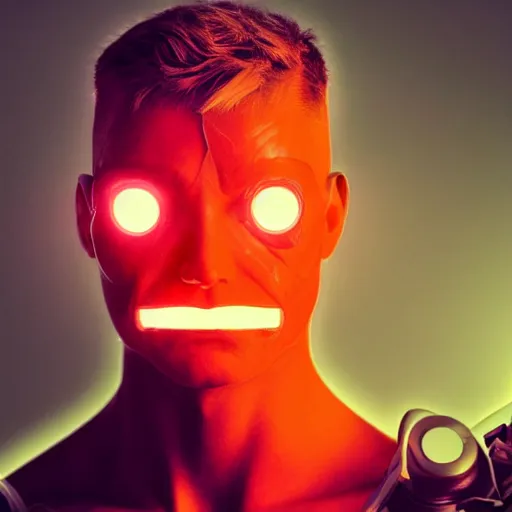 Image similar to a male cybernetic person with orange glowing eyes, frontal view, cool looking