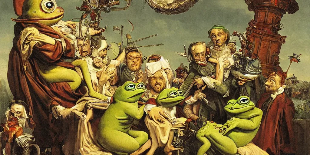 Image similar to pepe the frog, proclamation of the german empire by anton von werner