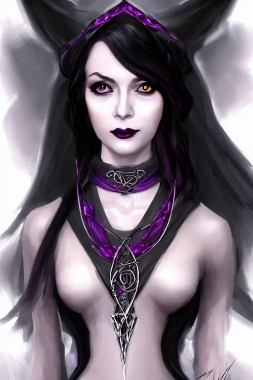 Image similar to portrait of a gorgeous female warlock, looking at camera, D&D, choker on neck, stylish dark dress, arcane symbols, very long flowing hair, intricate, elegant, stylish, cute slightly nerdy smile, mouth slightly open, fantasy, extremely detailed, digital painting, artstation, concept art, smooth, sharp focus, illustration, stunning lighting, art by artgerm and greg rutkowski and alphonse mucha and simon stalenhag