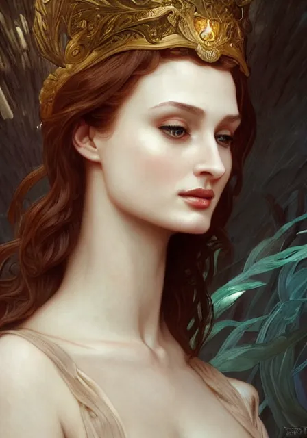 Image similar to sansa angeline jolie, intricate, elegant, highly detailed, digital painting, artstation, concept art, smooth, sharp focus, illustration, art by artgerm and greg rutkowski and alphonse mucha and william - adolphe bouguereau