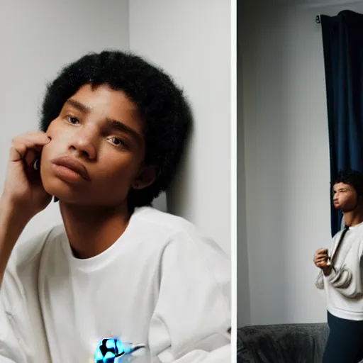 Image similar to realistic! photoshoot for a new nike lookbook, color film photography, portrait of a beautiful woman, location in a apartment, highly detailed, 8K, in style of tyler mitchell, 35mm