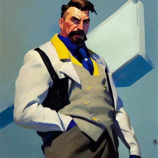 Image similar to Greg Manchess portrait painting of Walther White as Overwatch character, medium shot, asymmetrical, profile picture, Organic Painting, sunny day, Matte Painting, bold shapes, hard edges, street art, trending on artstation, by Huang Guangjian and Gil Elvgren and Sachin Teng