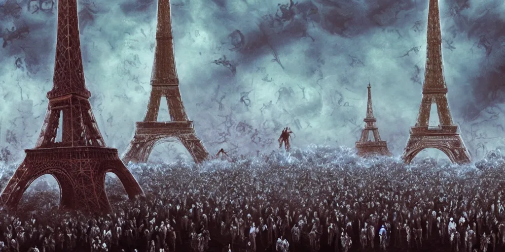 Prompt: a massive wave of zombies cimbing the eiffel tower, wide angle, super highly detailed, professional digital painting, artstation, concept art, smooth, sharp focus, no blur, no dof, extreme illustration, Unreal Engine 5, Photorealism, HD quality, 8k resolution, cinema 4d, 3D, beautiful, cinematic, art by artgerm and greg rutkowski and alphonse mucha and loish and WLOP