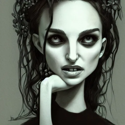 Image similar to michael karcz grunge drawing of natalie portman. , in the style of corpse bride, loony toons style, horror themed, detailed, elegant, intricate, trending on artstation, 4k