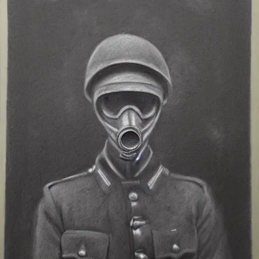 Prompt: charcoal portrait of a ww 1 soldier waering a gas mask