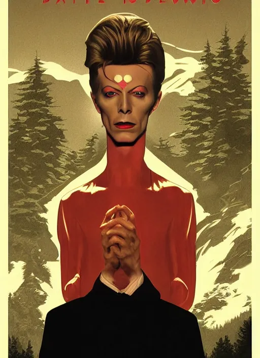 Prompt: twin peaks poster art, portrait of david bowie discovered the secrets of the black lodge, by michael whelan, rossetti bouguereau, artgerm, retro, nostalgic, old fashioned