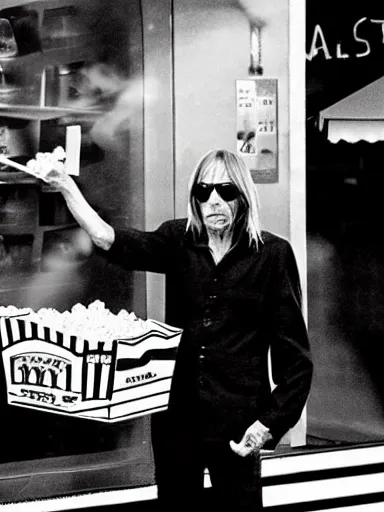 Image similar to “ iggy pop is selling popcorn at the popcorn booth in the street, movie screenshot, cinematic, epic, dramatic ”