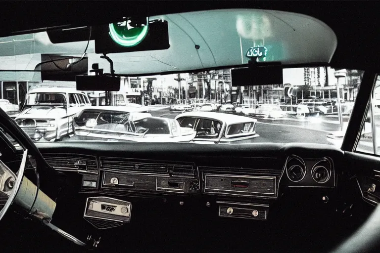 Prompt: first - person perspective in the interior of a vintage car looking over the dash through the window down a city street with neon hotel signs and neon animated casino signs, automobiles in 1 9 7 0's las vegas at night,!! color photo!!, vintage film artifact