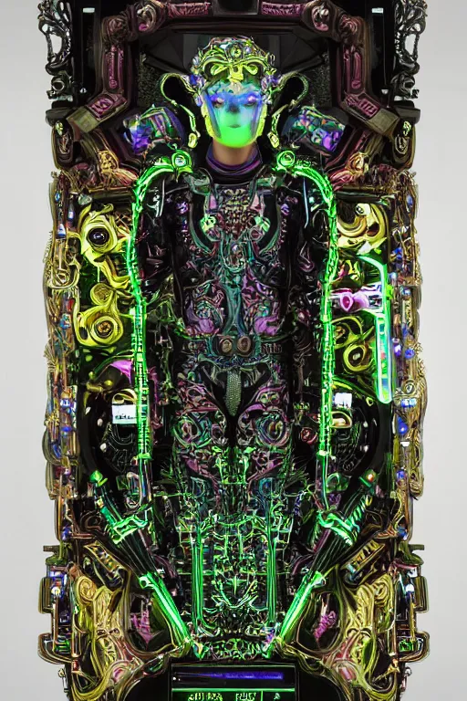 Prompt: full-body bladerunner neon baroque style sculpture of a young handsome Korean prince as a half cibernetic android with a chest opening exposing circuitry and electric sparks, glowing laser beam eyes, crown of giant neon diamonds, flowing neon green colored silk, fabric, raptors. baroque elements. full-length view. mechanical gear neon flowers. intricate artwork by caravaggio. black screen panel for a face. Trending on artstation, octane render, cinematic lighting from the right, hyper realism, octane render, 8k, depth of field, 3D