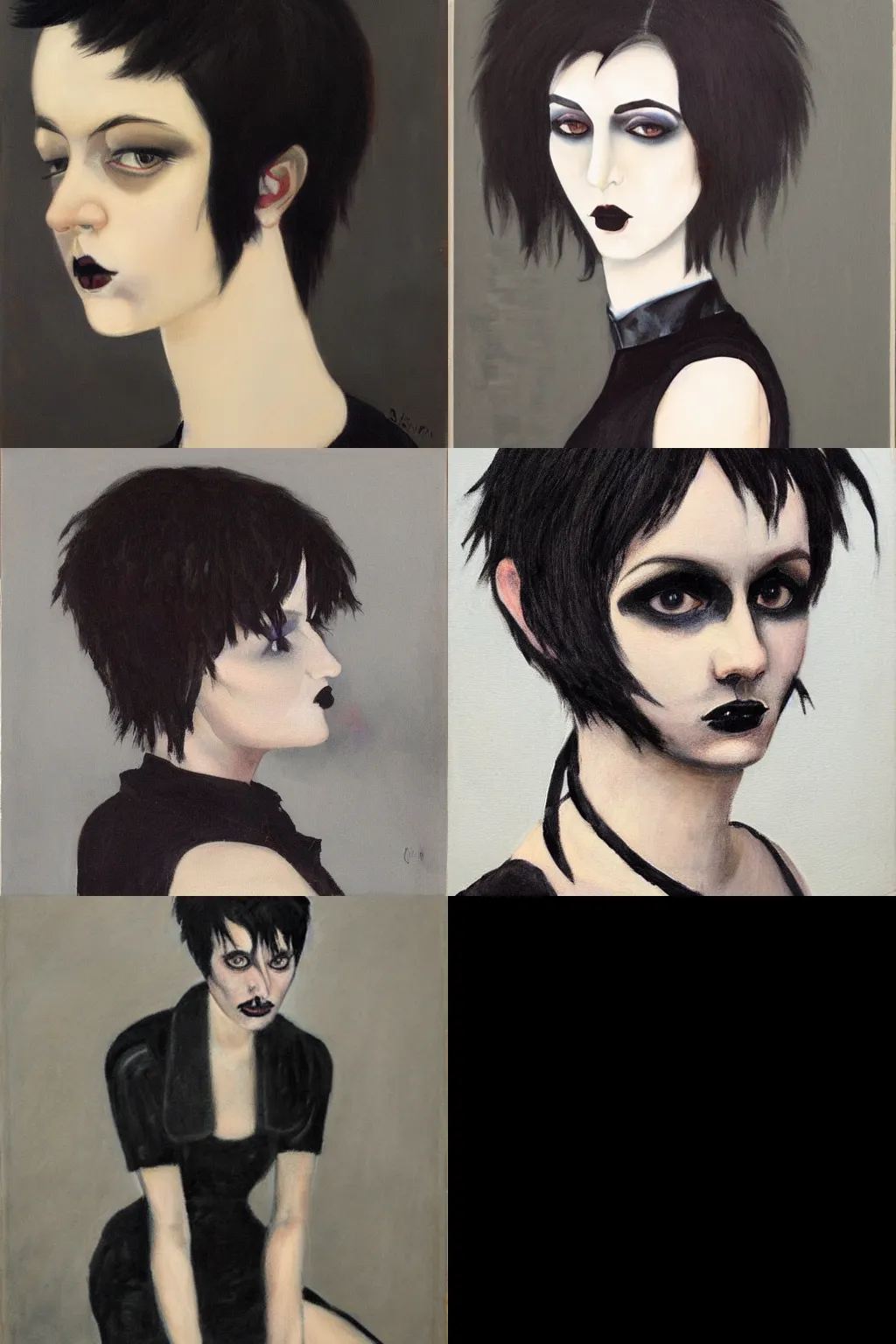 Prompt: a goth portrait painted by charles maurin. her hair is dark brown and cut into a short, messy pixie cut. she has a slightly rounded face, with a pointed chin, large entirely - black eyes, and a small nose. she is wearing a black tank top, a black leather jacket, a black knee - length skirt, and a black choker.