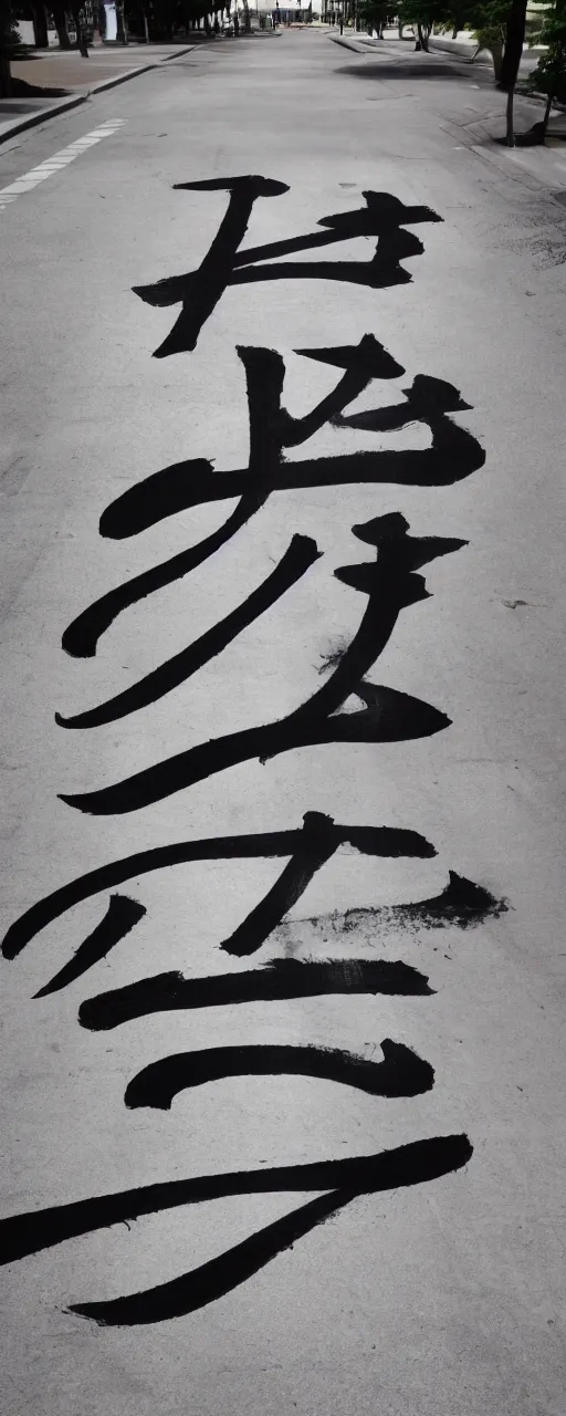 Image similar to a beautiful calligraphic kanji painted on the street, akira style, hyper realistic, natural light