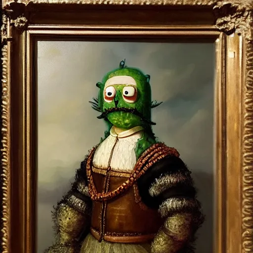 Prompt: a majestic oil painting of pickle rick by Rembrandt, hanging in the louvre, incredible detail