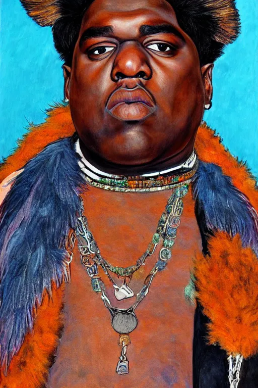Prompt: a portrait of biggie smalls wearing boho - chic style clothes, with plumes, feathers and fur muffler, full body!!, realistic painting in egon schiele style, masterpiece, hyperdetailed, complex, intricate, 4 k, trending on artstation