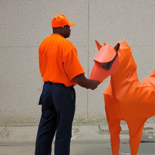 Prompt: inmate wearing horse head with orange clothes