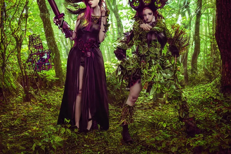 Image similar to fantasy mystical forestfolk cyberpunk dryad fashion zine photography