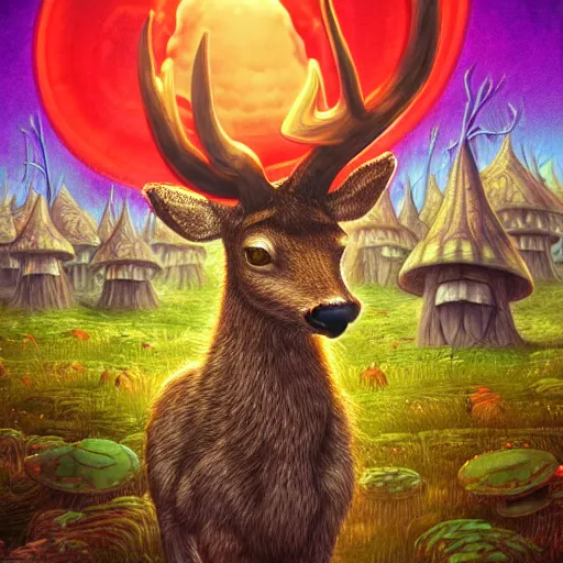 Prompt: 4 k headshot portrait of a psychedelic demonic anthropomorphic deer with mushroom themed clothes, magic mushroom village in background by jeff easley, award winning, stylized neon, post - processing, masterpiece, superb resolution. in the art style of junji ito and greg rutkowski. detailed mushroom city in background. hyper realistic anime. perfect art. dalle 2