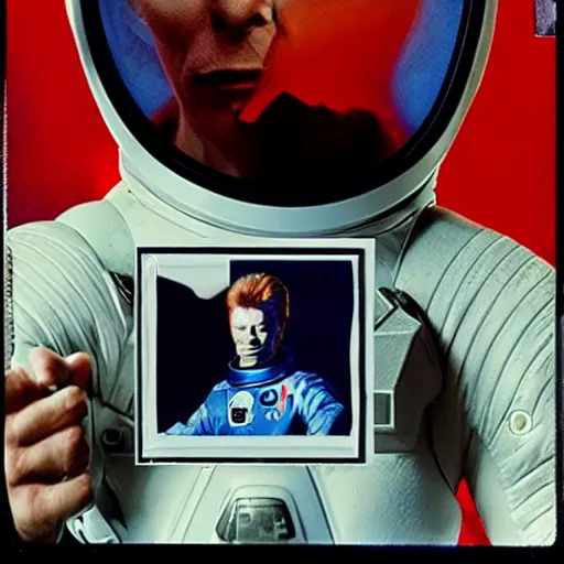 Prompt: medium - shot photo of david bowie!! wearing a space suit, background mars surface, in the new watchmen movie, polaroid photo, instax,