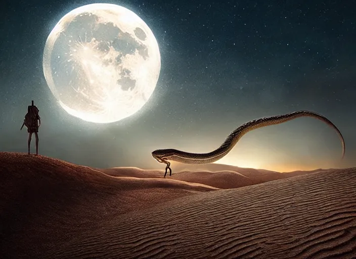 Image similar to giant snake on a moonlit desert, art by artgerm and greg rutkowski, cinematic shot, intricate, ornate, photorealistic, ultra detailed, trending artstaition, realistic, 1 0 0 mm, photography, octane, high definition, depth of field, bokeh, 8 k