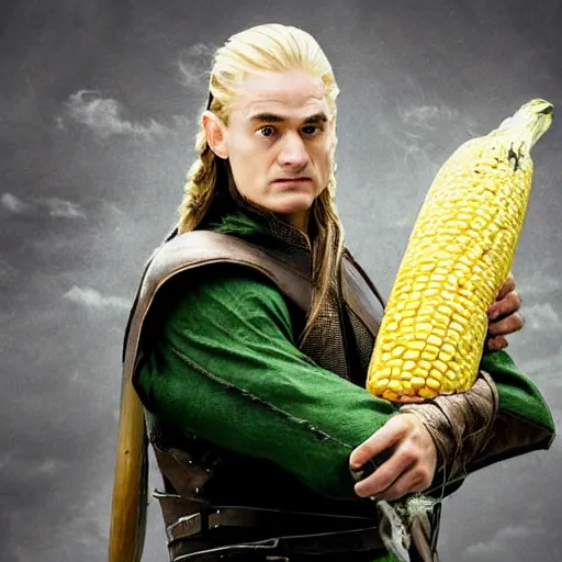 Prompt: Legolas cradling a giant piece of corn, photorealistic, somber,