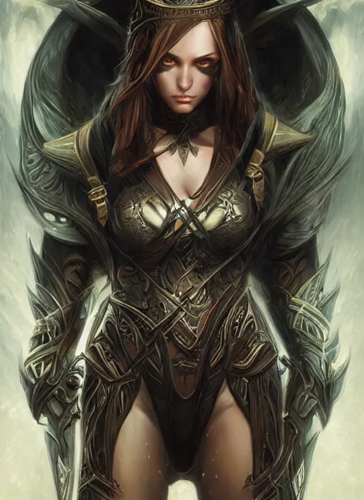 Prompt: a highly detailed symmetrical painting of a female fantasy ranger with piercing beautiful eyes in dark tomb setting, dynamic lighting, ambient lighting, trending on artstation, art by artgerm and karol bak and mark brooks