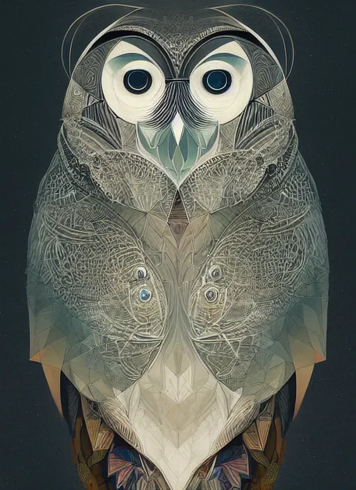 Image similar to portrait of a geometric owl, identical eyes, medium shot, illustration, full body made of white feathers, symmetrical, art stand, super detailed, cinematic lighting, and its detailed and intricate, gorgeous, by peter mohrbacher