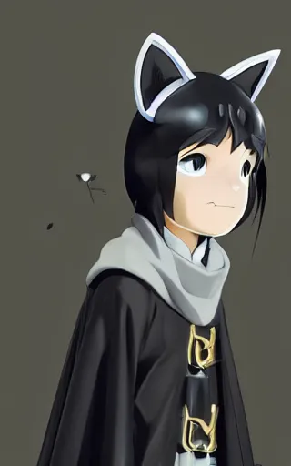 Prompt: little boy with cat ears wearing an black latex suit with cape. digital painting made by makoto shinkai and james jean and kohei horikoshi, perfect composition, highly sharp details, smooth