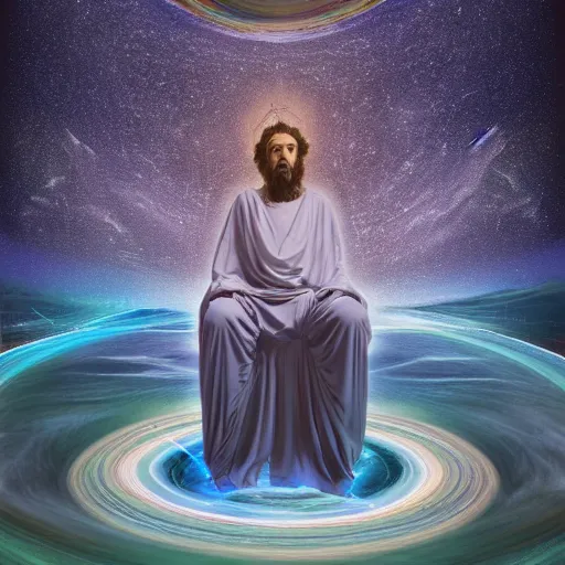 Prompt: god sitting in the center of the multi dimensional latent space conceptualizing our collectively designed divine imagination, 4 k surrealism