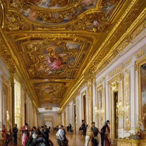 Image similar to fine art, oil on canvas baroque style by louis le nain. the interior of the palace of versailles in france. fine art in the walls and