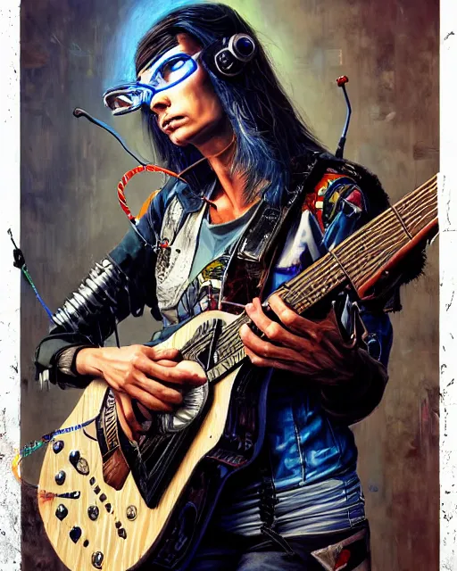 Image similar to a portrait of an anthropomorphic cyberpunk eagle strumming an acoustic guitar by sandra chevrier, by jon foster, detailed render, tape deck, epic composition, cybernetics, 4 k realistic, cryengine, realistic shaded lighting, sharp focus, masterpiece, by enki bilal