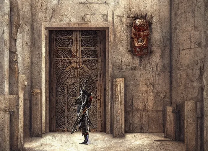 Prompt: surrealism grunge of an arab warrior infront of a dimentional gate . intricate artwork. Eerie ancient alien symbols carved into the walls, digital art,realistic,detailed,art by greg rutkowski