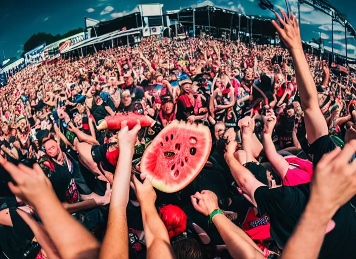 Image similar to photo still of gallagher at vans warped tour!!!!!!!! at age 4 5 years old 4 5 years of age!!!!!!! throwing watermelons at a crowd, 8 k, 8 5 mm f 1. 8, studio lighting, rim light, right side key light