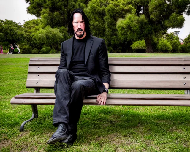 Image similar to photo of sad keanu reeves sitting on a bench in a park. lifelike. ultra detailed. intricate. soft light. nikon d 8 5 0.