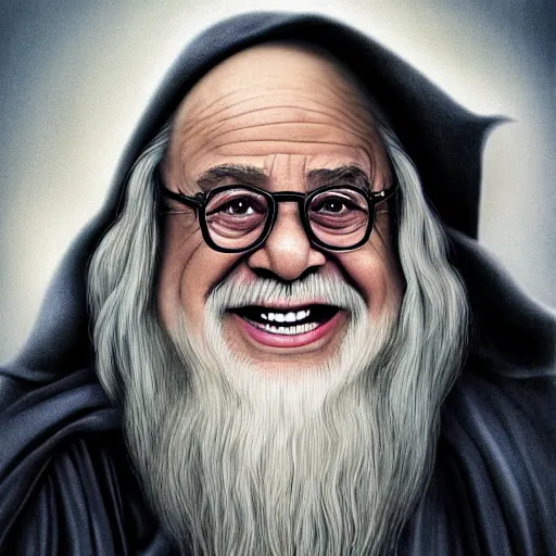 Image similar to danny devito as gandalf, deviantart, smile, ultra realistic illustration, final fantasy, high quality, full color, full body