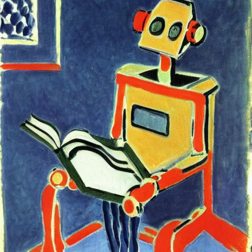 Prompt: a robot reading a book by henri matisse