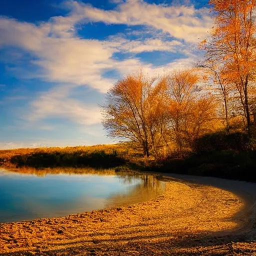 Prompt: photo of a sandy beach along a small clear river in autumn, blue sky with some clouds, beautiful lighting, bright colors, blurry shadows, award winning photography, national geographic